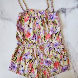Real Love large 10-12 girls floral shorts romper pull on one piece spaghetti str